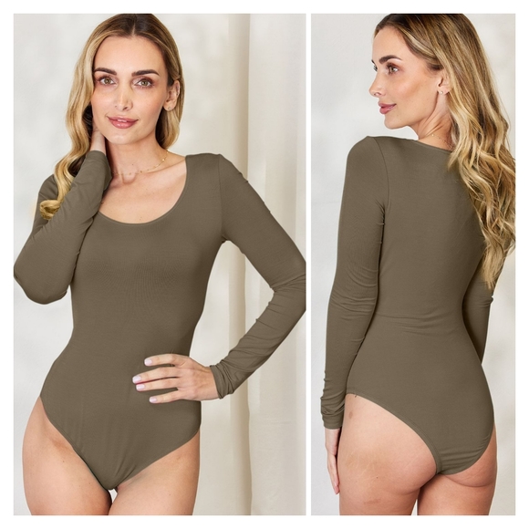 Lovely Rosetta Tops - Mocha Round Neck Bodysuit